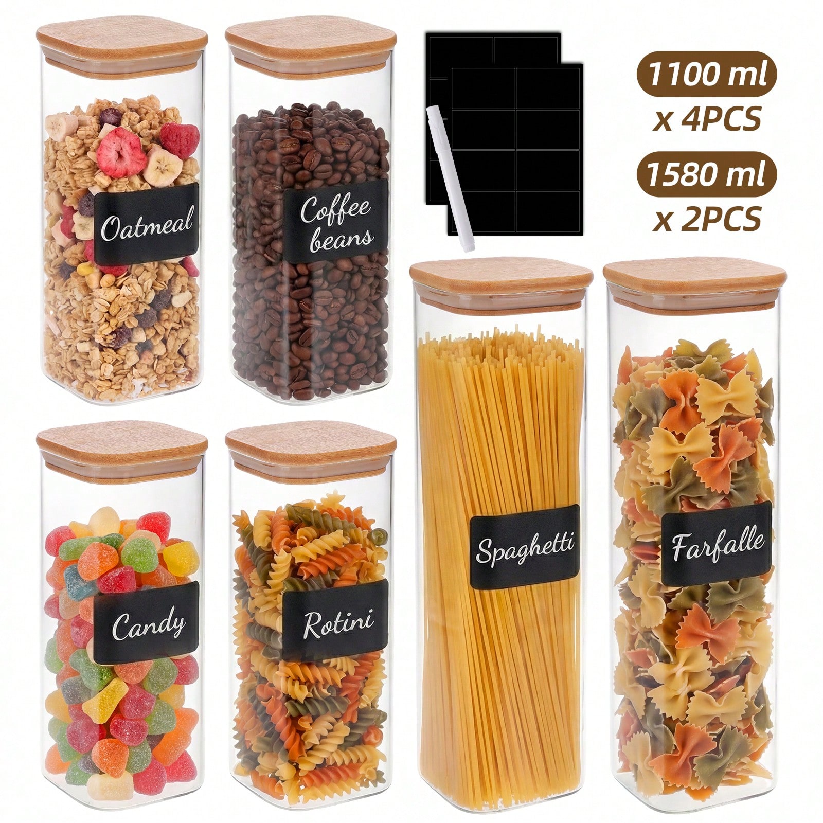 Snacks Food Labels - Glazen voedselbewaarcontainers met luchtdichte bamboe deksels,