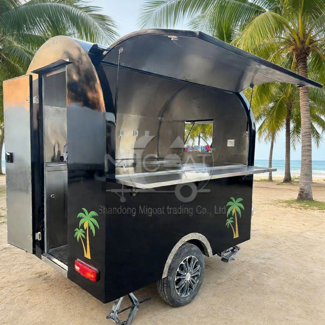 Zwarte ronde mobiele foodtruck - Street Food Snacks recensie en prijs
